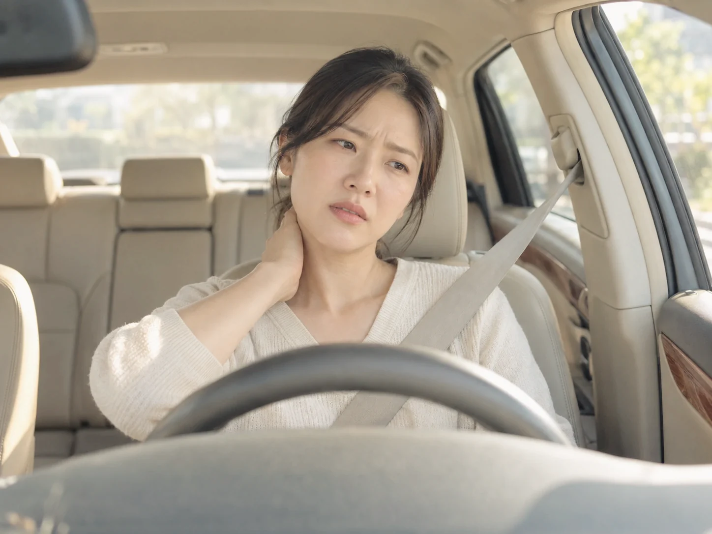 운전석에서 뒷목을 잡는 모습