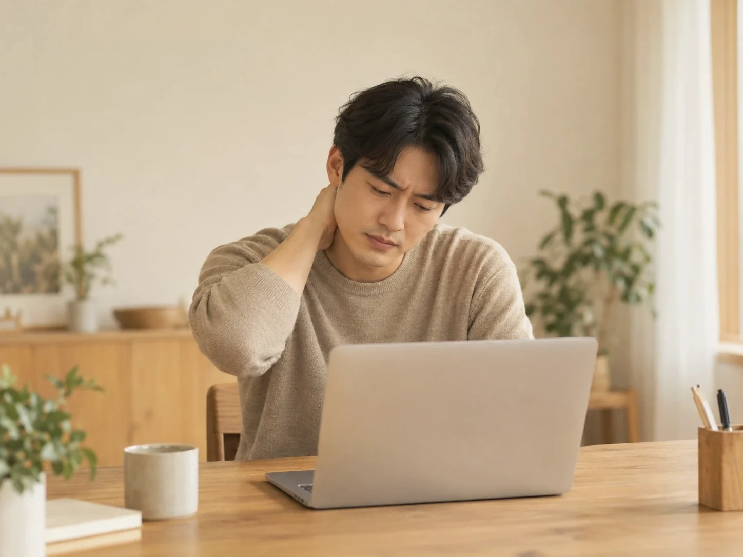 목 뒤를 짚는 모습