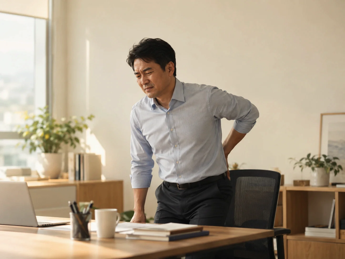 허리를 짚는 모습