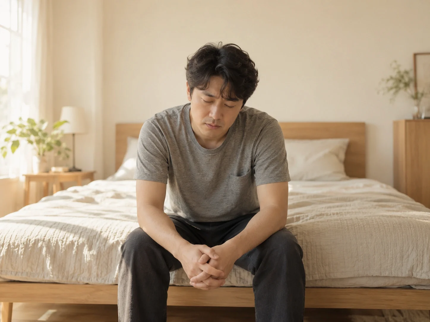침대 끝에 앉아 고개를 숙인 모습