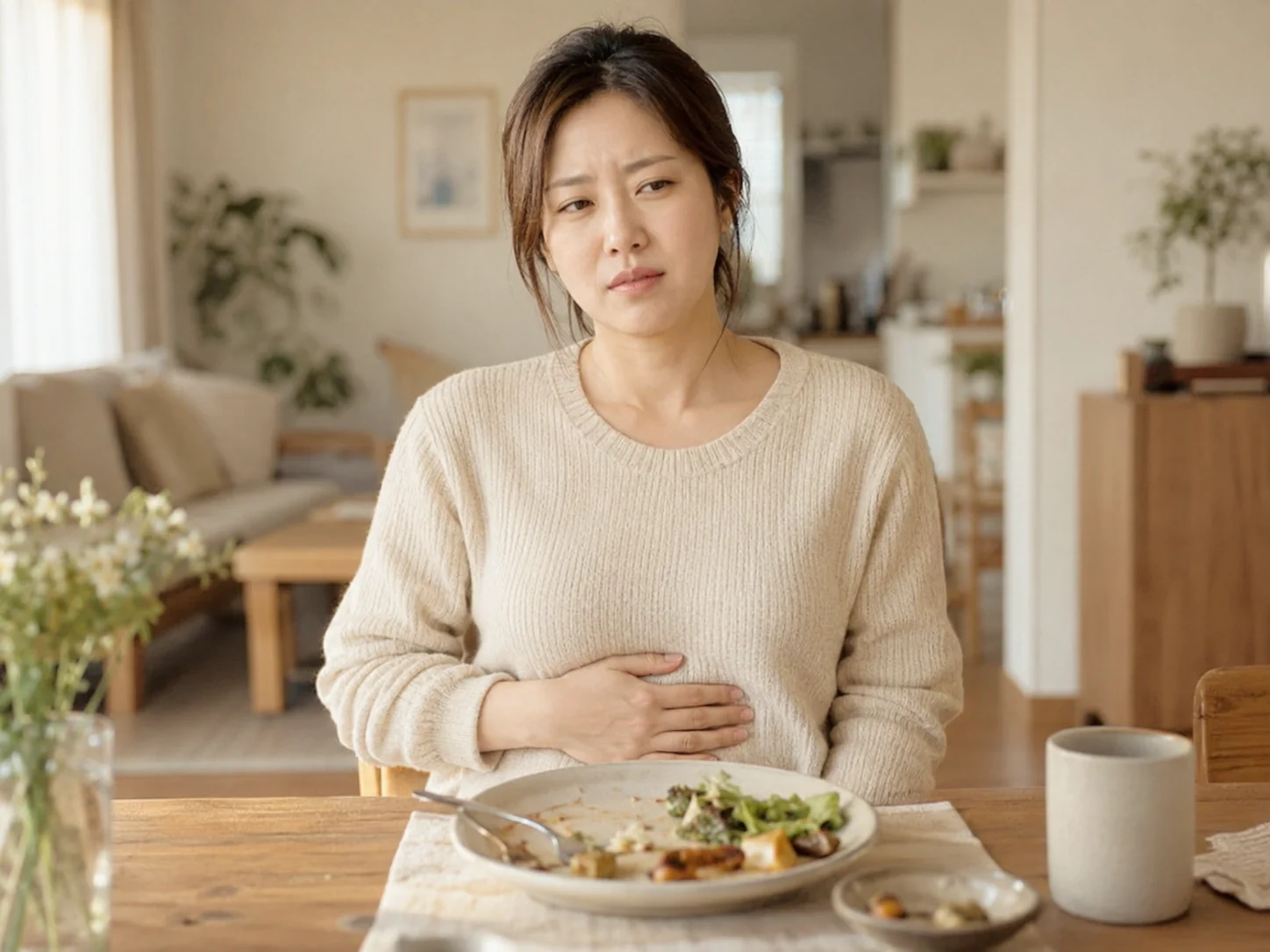 입맛 없이 밥상 앞에 앉은 모습