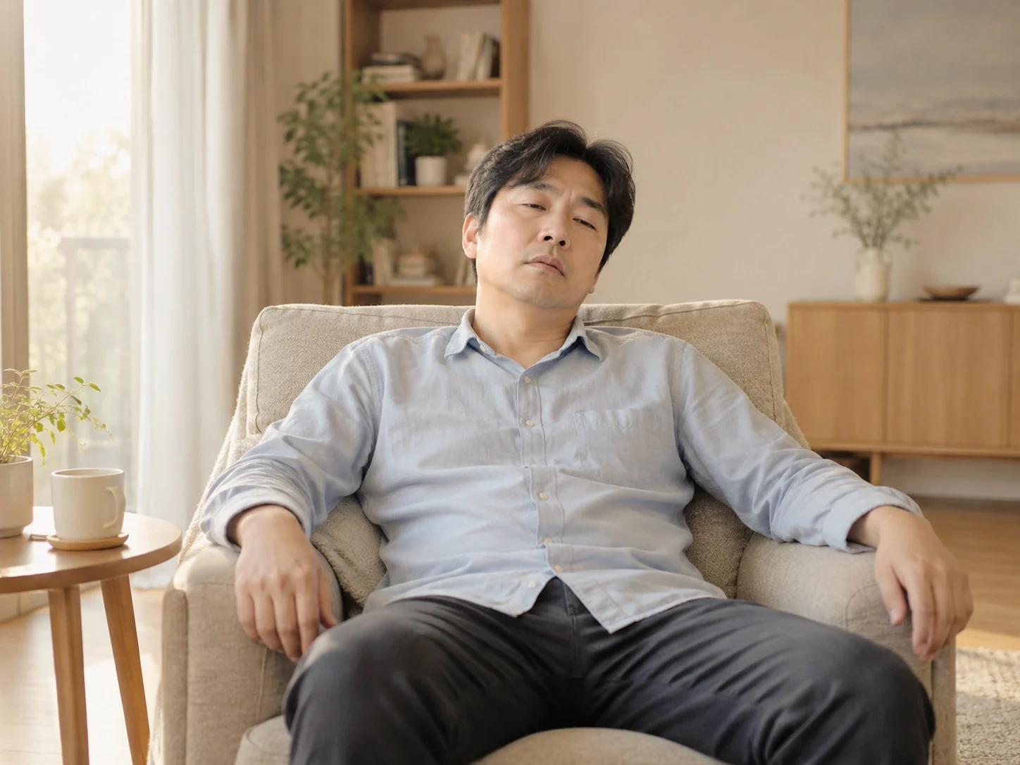의자에 기대 지친 모습