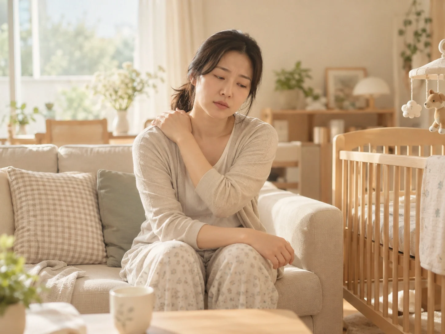 아기 침대 옆에서 쉬는 엄마
