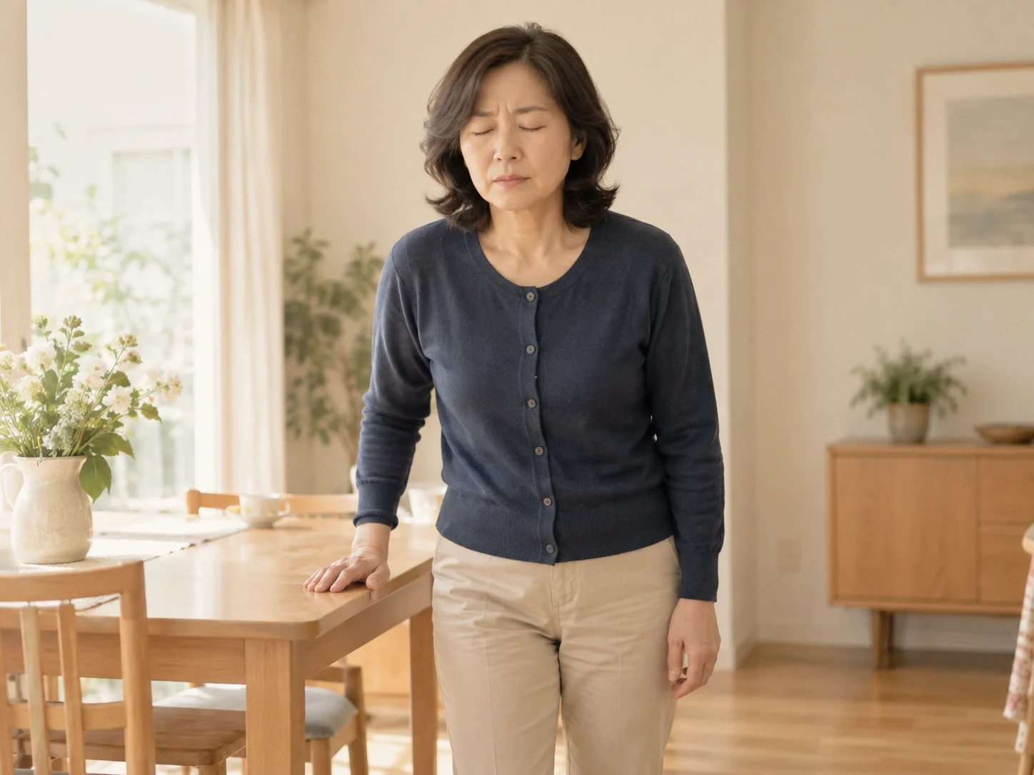 식탁을 짚고 일어서는 모습