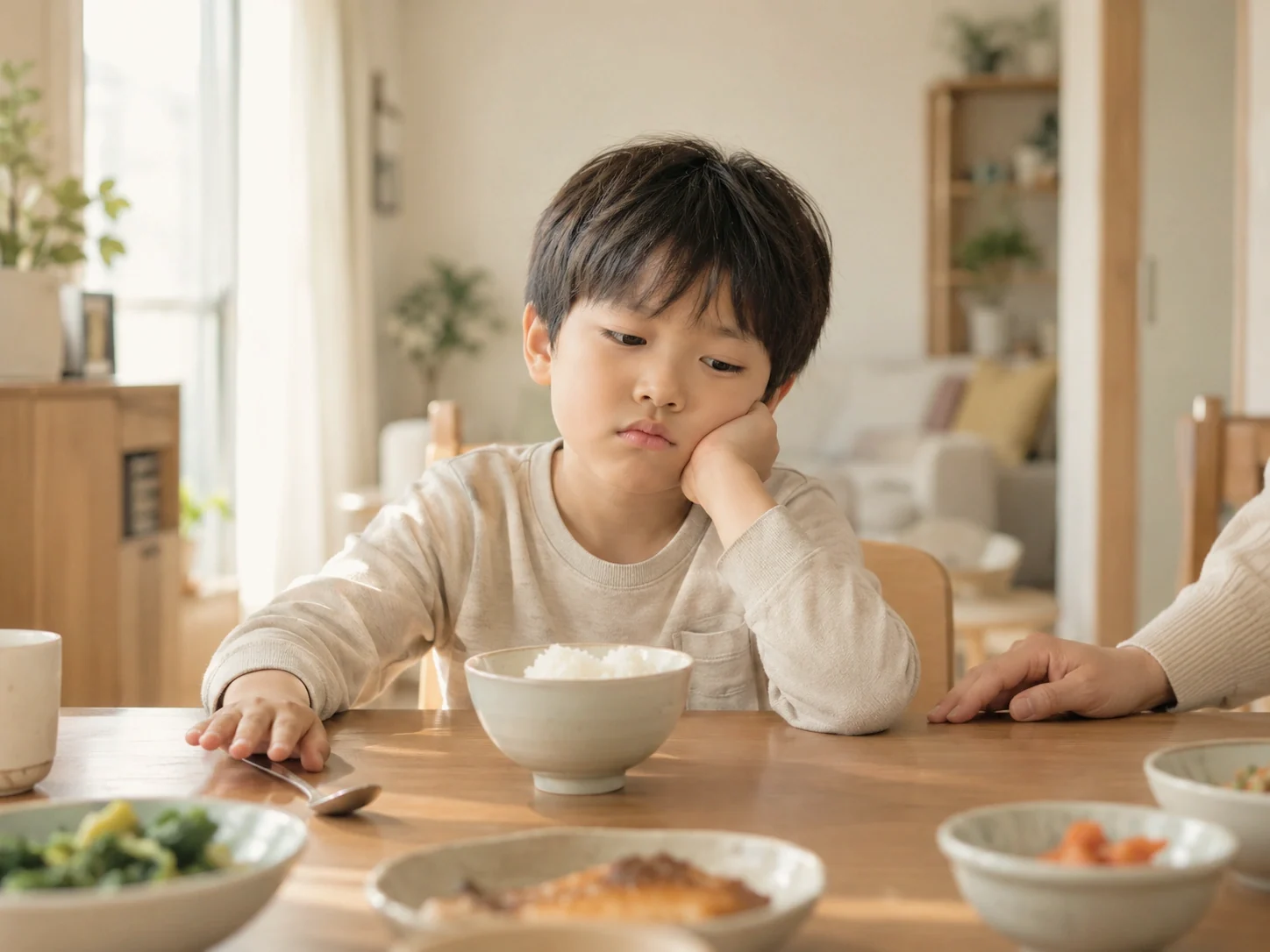 밥을 앞에 두고 먹지 않는 아이