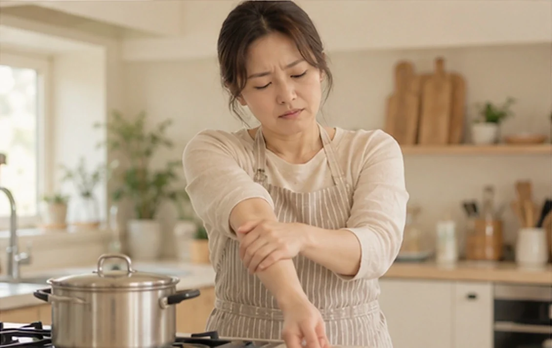 팔꿈치를 주무르는 모습